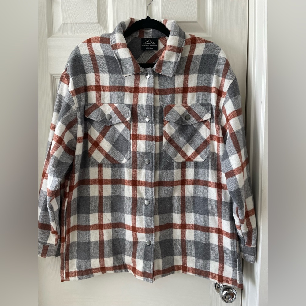 HFX Women's Shacket Relaxed Fit Drop Shoulder Pockets Gray/Brown size Medium